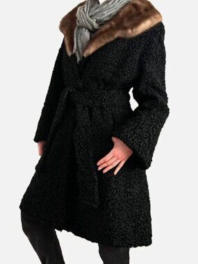 Vintage Black Persian Lamb & Mink Belted Genuine Fur Coat Curly Sheep Wool